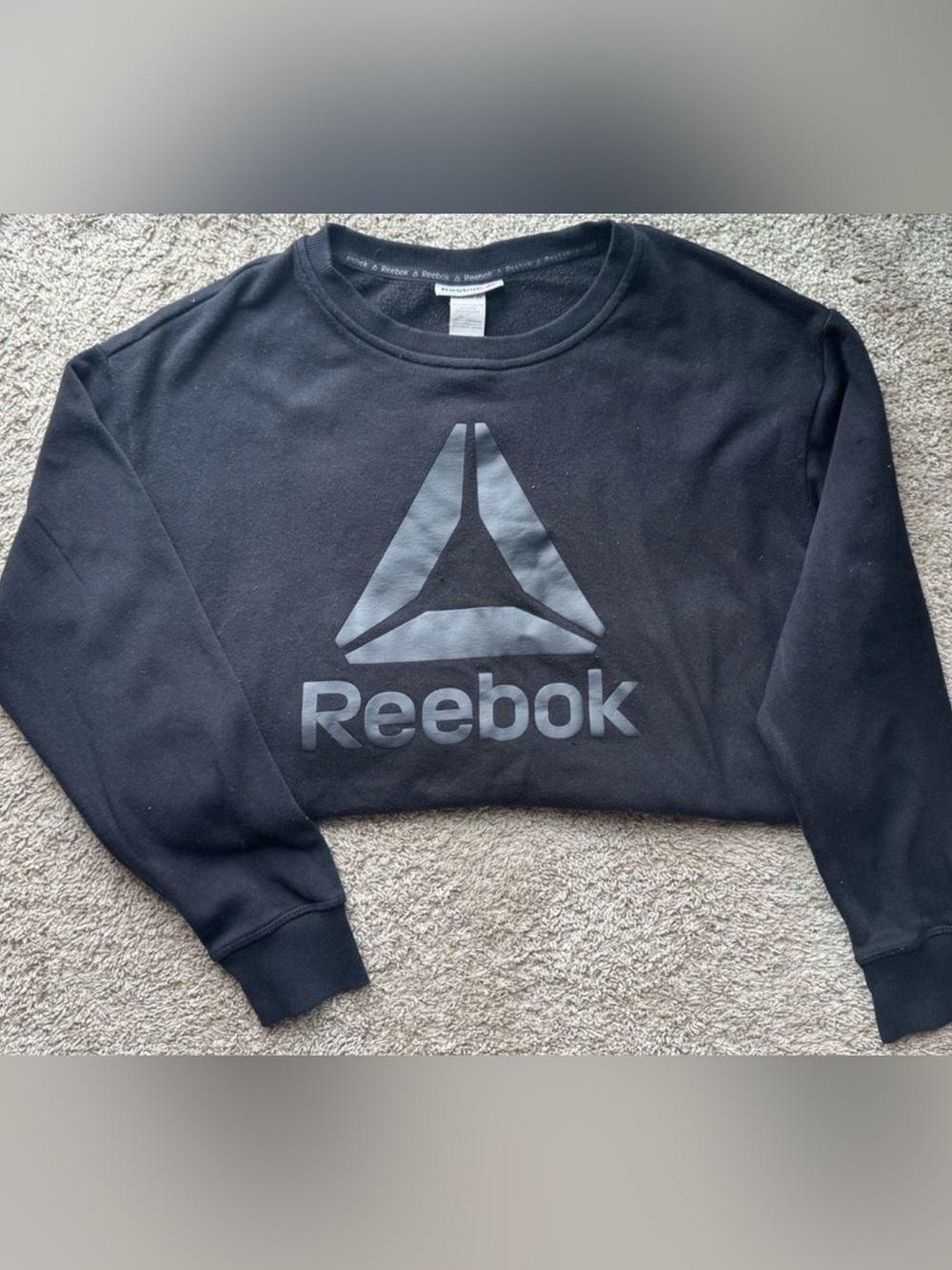 Reebok Black Logo Fleece Crewneck Sweatshirt Large Athletic Pullover Pockets